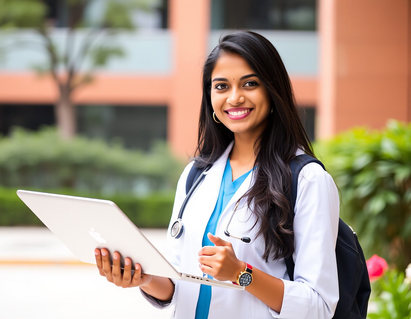A beautiful Indian medical student girl holding laptop in her hand